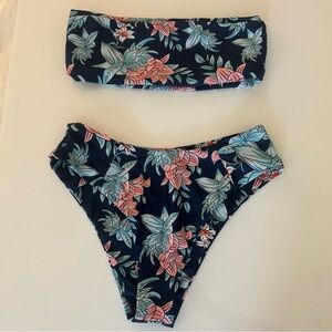 Zaful Bikini Strapless Bandeau Tropical Navy Blue Bathing Suit Swimsuit Small